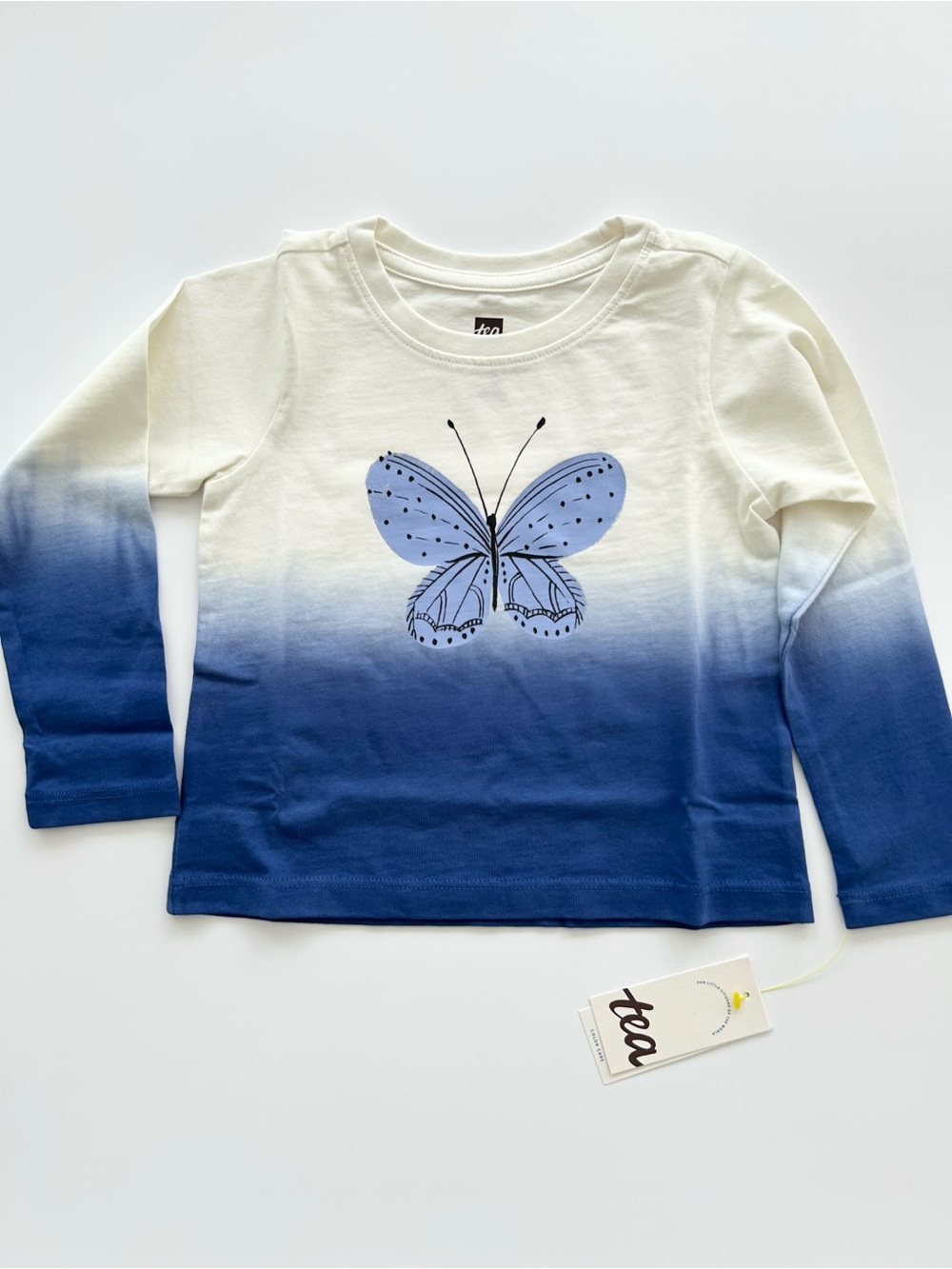 NWT Tea Collection Flutter Dip-Dye Butterfly Graphic White Blue LS Tee Size 2